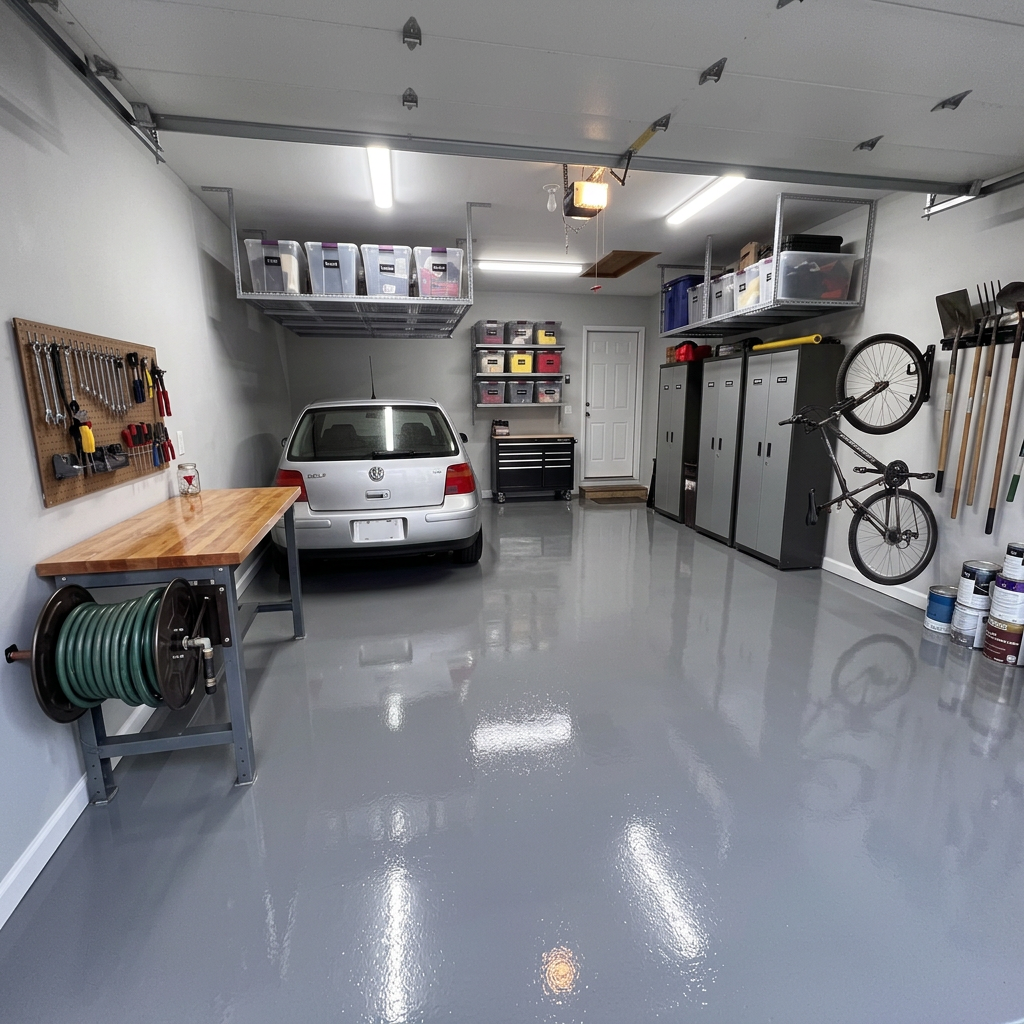 A finished Calgary garage with epoxy floor, overhead storage racks and labelled bins after a Garage Clean Pro service